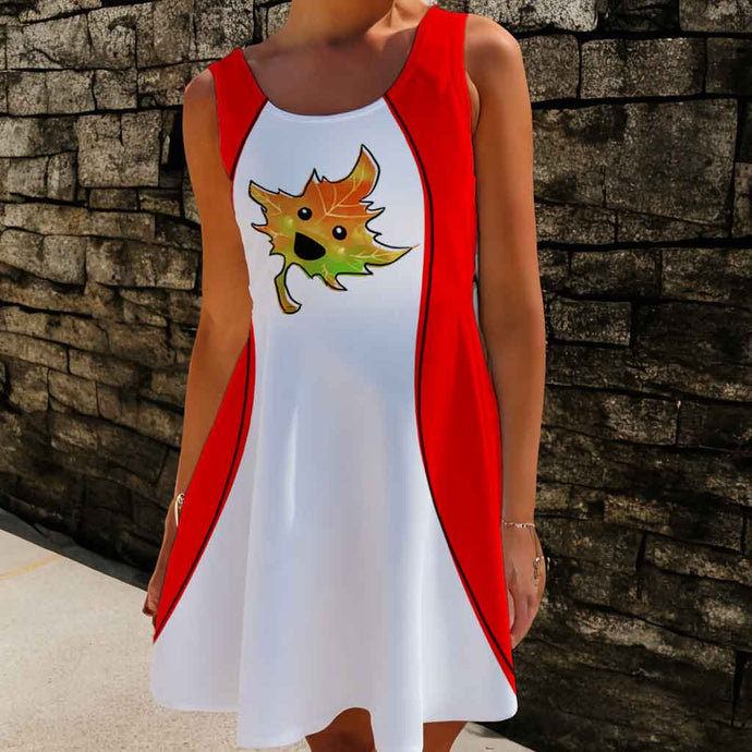 A person the Canada Happy Maple Leaf Flag Dress: a skater style dress with a flared skirt, printed with white and red bars resembling the Canadian flag, with a smiling maple leaf in the center