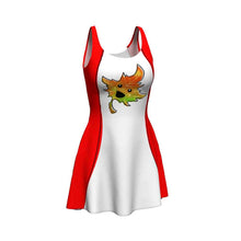 Load image into Gallery viewer, the Canada Happy Maple Leaf Flag Dress: a skater style dress with a flared skirt, printed with white and red bars resembling the Canadian flag, with a smiling maple leaf in the center
