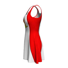 Load image into Gallery viewer, the Canada Happy Maple Leaf Flag Dress: a skater style dress with a flared skirt, printed with white and red bars resembling the Canadian flag, with a smiling maple leaf in the center
