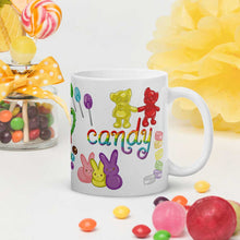 Load image into Gallery viewer, The Candy Lovers Mug, 11 oz size, is printed with 10 different types of candy in all the colours of the rainbow
