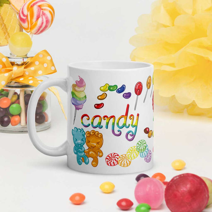 The Candy Lovers Mug, 11 oz size, is printed with 10 different types of candy in all the colours of the rainbow