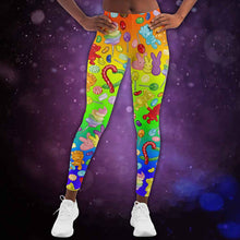 Load image into Gallery viewer, the candy lovers unisex leggings, featuring rainbow ombre leggings printed with a variety of bright, rainbow candy
