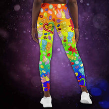 Load image into Gallery viewer, the candy lovers unisex leggings, featuring rainbow ombre leggings printed with a variety of bright, rainbow candy
