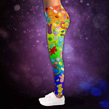 Load image into Gallery viewer, the candy lovers unisex leggings, featuring rainbow ombre leggings printed with a variety of bright, rainbow candy
