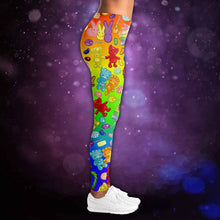 Load image into Gallery viewer, the candy lovers unisex leggings, featuring rainbow ombre leggings printed with a variety of bright, rainbow candy
