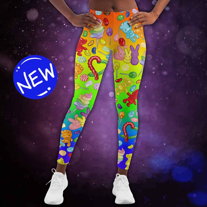 the candy lovers unisex leggings, featuring rainbow ombre leggings printed with a variety of bright, rainbow candy
