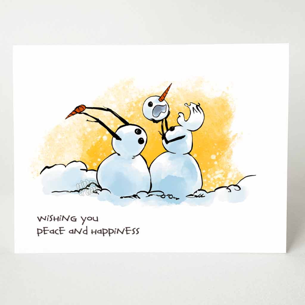 greeting card with an illustration of two snowmen in what looks like a middle of a fight. the right snowman has pulled off the other's head, while the left snowman (now headless) holds on to the right snowman's carrot nose. the card reads, 