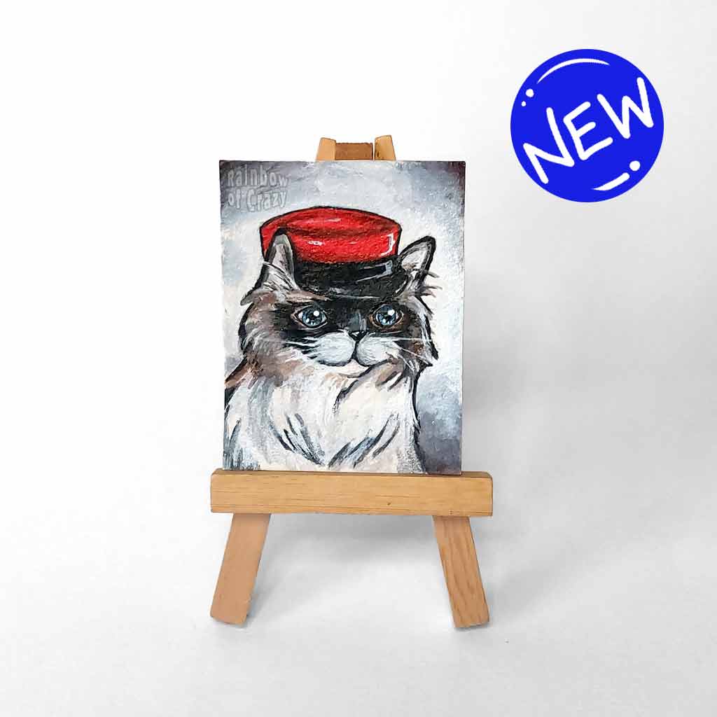 a miniature painting of a persian cat wearing a kepi hat