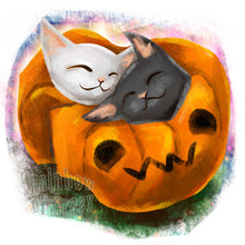 Load image into Gallery viewer, an art print featuring an illustration of a black cat and white cat napping together in a blanket shaped like a jack o&#39;lantern
