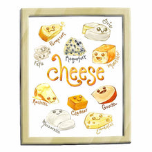 Load image into Gallery viewer, illustration featuring ten different cheeses, with happy faces, and the names of each cheese below. available as an art print
