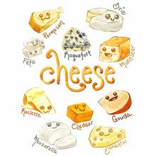 Load image into Gallery viewer, illustration featuring ten different cheeses, with happy faces, and the names of each cheese below. available as an art print
