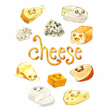 Load image into Gallery viewer, illustration featuring ten different cheeses, with happy faces. available as an art print
