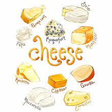 Load image into Gallery viewer, illustration featuring ten different cheeses, and the names of each cheese below. available as an art print
