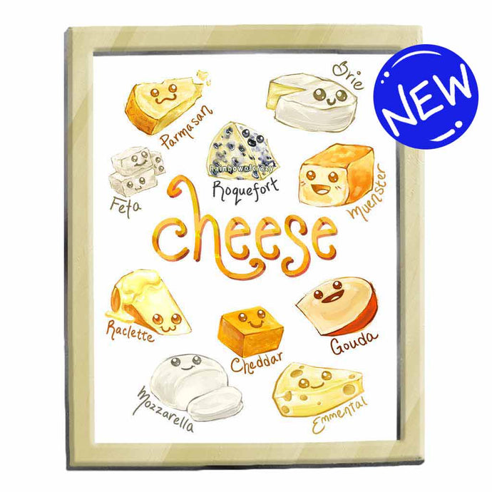 illustration featuring ten different cheeses, with happy faces, and the names of each cheese below. available as an art print