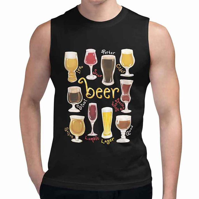 a man wearing a unisex muscle tank top in the colour black, with a graphic of ten different styles of beer, with their names underneath. the word, 