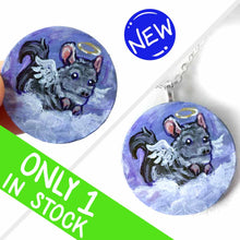 Load image into Gallery viewer, Small lightweight wood disc, hand painted with a portrait of a chinchilla as an angel, with halo and wings, sitting on clouds against a purple sky. portrait is available as a wood keepsake or pendant necklace
