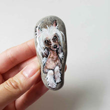 Load image into Gallery viewer, a small beach stone, hand painted with the portrait of a chinese crested dog
