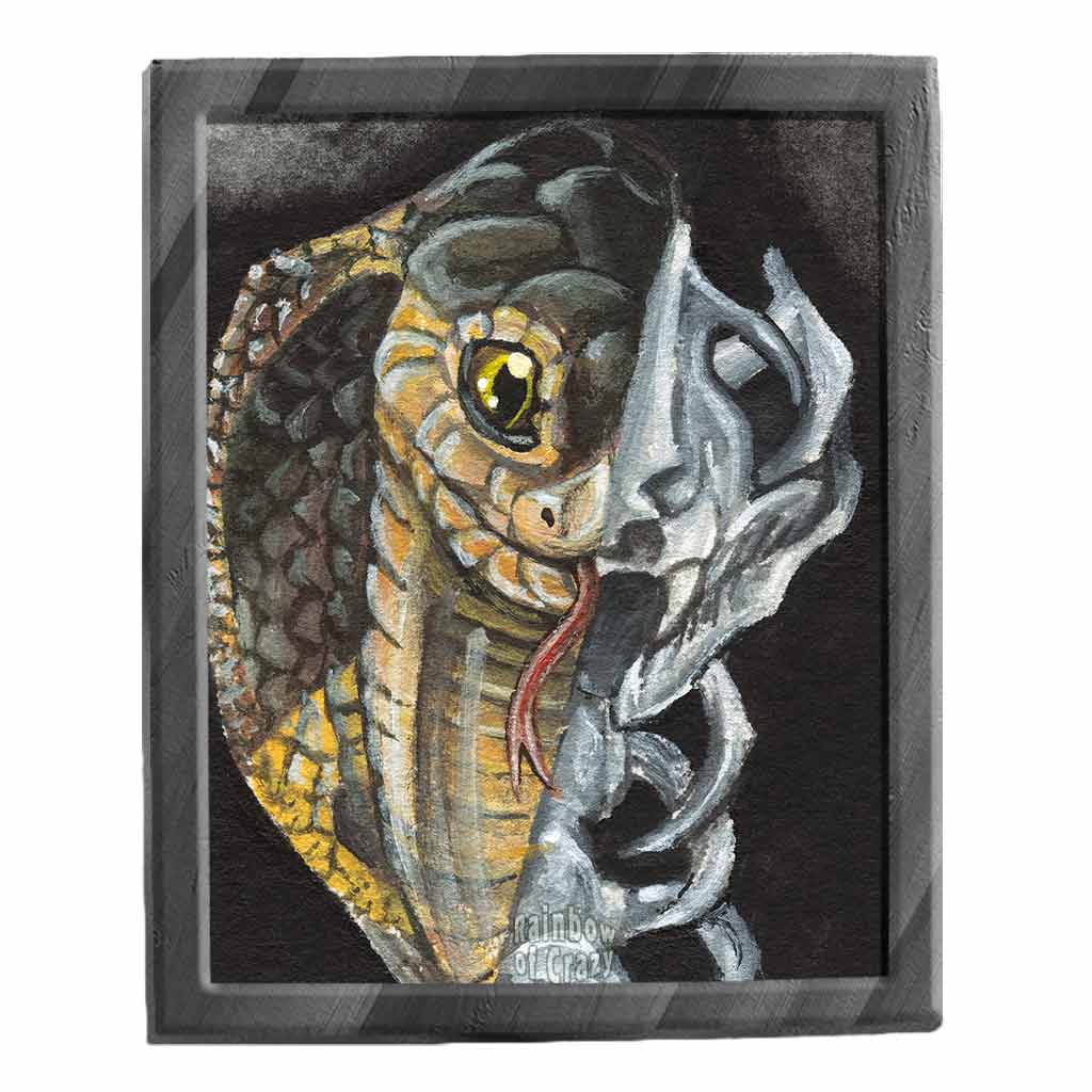 an illustration featuring a cobra, with one half revealing its snake skeleton