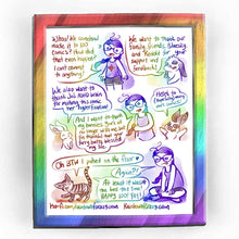 Load image into Gallery viewer, Rainbowofcrazy web comic. / Jo: &quot;Whoa! We somehow made it to 100 comics? How did that even happen? I can&#39;t commit to anything!&quot; / Mini-lop rabbit: &quot;We want to thank our family, friends, Bluesky, and Reddit for your support and feedback!&quot; / White rabbit: &quot;We also want to thank Jo&#39;s ADHD brain for making this comic her hyperfixation!&quot; / Jo: &quot;And I want to thank my bunnies. You&#39;re all no longer with me but I&#39;m thankful that your furry butts blessed my life.&quot; / Brown &amp; white rabbit: &quot;Here&#39;s to (hopefully) m
