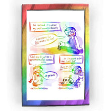 Load image into Gallery viewer, Rainbowofcrazy web comic. / [I&#39;ve learned to embrace my small accomplishments.] Jo, mini lop rabbit in her lap: &quot;I meditated for SIX minutes this time!&quot; / [I don&#39;t know if I just like to appreciate the small moments in life..] / Jo, holding a bag of groceries: &quot;We got beets!&quot; (nod to The Simpsons.) / [... or I&#39;m aiming so low that I can&#39;t fail.] Jo peeking in, surprising the rabbit that was resting on a counter: &quot;Guess who clipped their toenails today!&quot; / ko-fi.com/rainbowofcrazy / Rainbowofcrazy.com 

