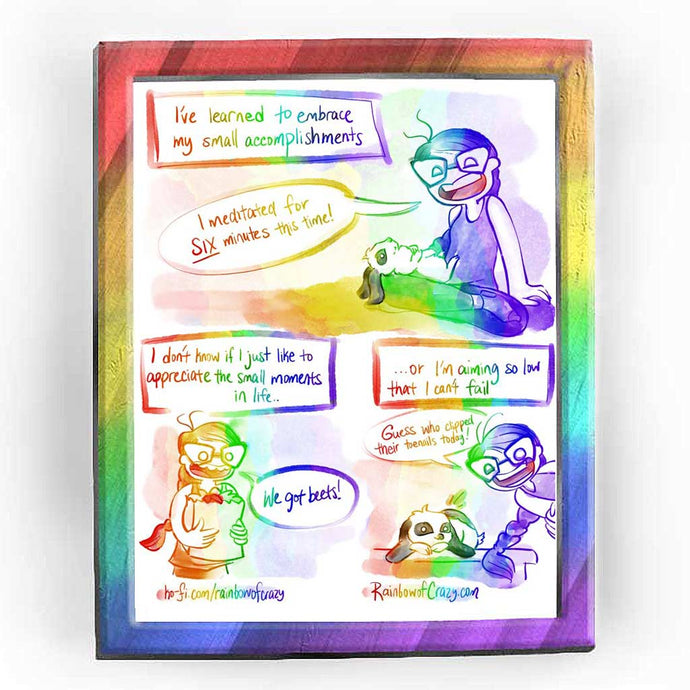 Rainbowofcrazy web comic. / [I've learned to embrace my small accomplishments.] Jo, mini lop rabbit in her lap: 