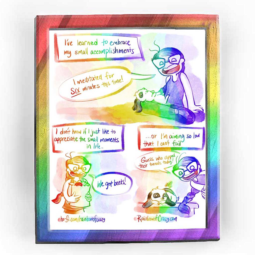 Rainbowofcrazy web comic. / [I've learned to embrace my small accomplishments.] Jo, mini lop rabbit in her lap: 