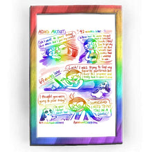 Load image into Gallery viewer, Rainbowofcrazy web comic. / [ADHD Artist.] Jo, lying on the ground, pulling up the bed sheet to peer under the bed. Jo: &quot;Ooh I want to paint today! Now where did I put my easel?&quot; / [42 minutes later...] Jo, holding a Charlie Brown themed mug with a tea bag hanging out: &quot;Whew, had to make tea and have a snackie snack. Okay! Time to get my paint on. Now where&#39;s that canvas I wanted to use..&quot; / [69 minutes later...] Jo, lying on her stomach, tablet in front of her. She holds a tablet pen. A small christmas orn
