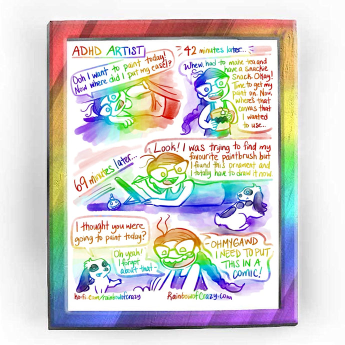 Rainbowofcrazy web comic. / [ADHD Artist.] Jo, lying on the ground, pulling up the bed sheet to peer under the bed. Jo: 