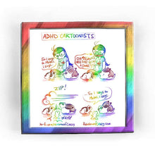 Load image into Gallery viewer, Rainbowofcrazy web comic. / Title: ADHD Cartoonists. / Joanna sits crosslegged on the floor, a white rabbit on her lap. A brown/white rabbit sits on the ground. A black/white mini lop rabbit speaks: &quot;So I says to Mabel, I says..&quot; / Jo, smiling: &quot;OH MY GAWD I NEED TO PUT THIS IN A COMIC!&quot; all the rabbits look up at her face. / Jo suddenly disappears, leaving a cloud in her wake with a &quot;ZIP!&quot;.. the white rabbit that was on Jo&#39;s lap, falls face first to the floor with a &quot;WUMP&quot;. / The white rabbit is still face
