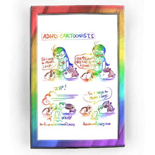 Load image into Gallery viewer, Rainbowofcrazy web comic. / Title: ADHD Cartoonists. / Joanna sits crosslegged on the floor, a white rabbit on her lap. A brown/white rabbit sits on the ground. A black/white mini lop rabbit speaks: &quot;So I says to Mabel, I says..&quot; / Jo, smiling: &quot;OH MY GAWD I NEED TO PUT THIS IN A COMIC!&quot; all the rabbits look up at her face. / Jo suddenly disappears, leaving a cloud in her wake with a &quot;ZIP!&quot;.. the white rabbit that was on Jo&#39;s lap, falls face first to the floor with a &quot;WUMP&quot;. / The white rabbit is still face
