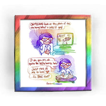 Load image into Gallery viewer, Rainbowofcrazy web comic: "Adopt Me." / Jo looks at the computer screen, which displays a photo of a smiling brown &amp; white English Spot rabbit. The words "ADOPT ME!" appear at the top of the screen, with an arrow pointing to the rabbit. Jo, wearing red glasses, hair in a ponytail, her hands in fists, held near her face, beams. "OH MY GAWD look at this photo of this wee bunny!! What a cute lil guy!" / Comic cuts to Jo sitting cross-legged on the ground. She looks down at the very same English Spot rabbit
