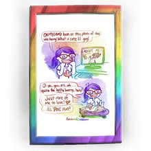 Load image into Gallery viewer, Rainbowofcrazy web comic: "Adopt Me." / Jo looks at the computer screen, which displays a photo of a smiling brown &amp; white English Spot rabbit. The words "ADOPT ME!" appear at the top of the screen, with an arrow pointing to the rabbit. Jo, wearing red glasses, hair in a ponytail, her hands in fists, held near her face, beams. "OH MY GAWD look at this photo of this wee bunny!! What a cute lil guy!" / Comic cuts to Jo sitting cross-legged on the ground. She looks down at the very same English Spot rabbit
