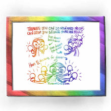 Load image into Gallery viewer, web comic. &quot;Things you can do now and no one can stop you because you&#39;re an adult:&quot; / &quot;Have dessert before dinner. (Joanna, smiling holding an ice cream cone in one hand, and a chicken drumstick in the other.) / &quot;Have dessert FOR dinner.&quot; (Joanna holds an ice cream cone in each hand, surprised.) / &quot;Have *5* desserts for dinner.&quot; (Joanna suddenly has five hands, each holding an ice cream cone. She&#39;s smiling real big and has stars in her eyes.) / Rainbowofcrazy.com 
