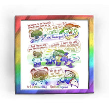Load image into Gallery viewer, Rainbowofcrazy web comic. / Tom Nook, a raccoon: &quot;Welcome to our beautiful island! You must be Jo-&quot; Jo, dressed like an Animal Crossing human: &quot;YOU ARE SO CUTE!&quot; Tom Nook: &quot;-oh! Thank you!&quot; / Tom Nook: &quot;.. And these are your new neighbours-&quot; Jo: &quot;OMFG I GET TO LIVE WITH ADORABLE ANIMALS?!&quot; (Jo pulls Sterling, a blue eagle, and Sylvia, a purple kangaroo, into a group hug.) / Sterling, while still in Jo&#39;s embrace, aside, to Tom Nook: &quot;..We DO get our own homes, right?&quot; / ko-fi.com/rainbowofcrazy / Rainbowofcr
