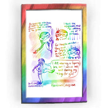 Load image into Gallery viewer, Rainbowofcrazy web comic. / As someone with loads of anxiety, I get extra anxious when I&#39;m working in the garden. (Jo peering behind a corner, looking suspiciously out into the distance, frowning.) / I think the neighbours must be watching me at all times. (close-up of Jo, eyes narrowed.) / So I tend to wonder... they must be judging me right at this moment.. (Jo, eyes narrowing more) / Full shot of Jo, one leg up, hands punting at her hairy leg. Jo, yells: &quot;I AM wearing a (sports) bra, but I sure as hell a
