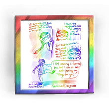 Load image into Gallery viewer, Rainbowofcrazy web comic. / As someone with loads of anxiety, I get extra anxious when I&#39;m working in the garden. (Jo peering behind a corner, looking suspiciously out into the distance, frowning.) / I think the neighbours must be watching me at all times. (close-up of Jo, eyes narrowed.) / So I tend to wonder... they must be judging me right at this moment.. (Jo, eyes narrowing more) / Full shot of Jo, one leg up, hands punting at her hairy leg. Jo, yells: &quot;I AM wearing a (sports) bra, but I sure as hell a
