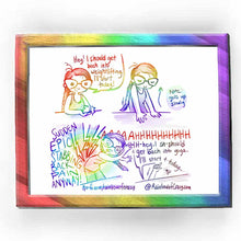 Load image into Gallery viewer, web comic. &quot;Hey, I should get back into weightlifting. I&#39;ll start today!&quot; Jo baps her fist into her open palm, in a moment of &quot;aha!&quot; / Jo rises up from the table. caption says, &quot;note: gets up slowly&quot; / caption: &quot;SUDDEN EPIC STABBING BACK PAIN ANYWAY!&quot; Jo bent over in pain. Lightning bolts attack her back. &quot;AAAHHHHHHHH&quot; / Only one hand can be seen in frame, (pointer finger up,) meaning the rest of Jo is on the floor. &quot;h-hey, I sh-should get back into yoga.. I&#39;ll start t-today~....&quot; / ko-fi.com/rainbowofcrazy
