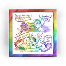 Load image into Gallery viewer, Web comic. Jo, lounging on the ground next to a white rabbit. Jo: &quot;&#39;Member those days when back pain wasn&#39;t a thing? I &#39;member.&quot; Rabbit: &quot;Mm.&quot; / Jo: &quot;... I can&#39;t get up.&quot; Rabbit: &quot;I&#39;ll go get the wheelbarrow.&quot; / ko-fi.com/rainbowofcrazy / Rainbowofcrazy.com
