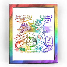 Load image into Gallery viewer, Web comic. Jo, lounging on the ground next to a white rabbit. Jo: &quot;&#39;Member those days when back pain wasn&#39;t a thing? I &#39;member.&quot; Rabbit: &quot;Mm.&quot; / Jo: &quot;... I can&#39;t get up.&quot; Rabbit: &quot;I&#39;ll go get the wheelbarrow.&quot; / ko-fi.com/rainbowofcrazy / Rainbowofcrazy.com
