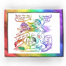 Load image into Gallery viewer, Web comic. Jo, lounging on the ground next to a white rabbit. Jo: &quot;&#39;Member those days when back pain wasn&#39;t a thing? I &#39;member.&quot; Rabbit: &quot;Mm.&quot; / Jo: &quot;... I can&#39;t get up.&quot; Rabbit: &quot;I&#39;ll go get the wheelbarrow.&quot; / ko-fi.com/rainbowofcrazy / Rainbowofcrazy.com
