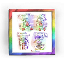 Load image into Gallery viewer, Rainbowofcrazy web comic: Best Game. / Jo's character in Animal Crossing, wearing a watermelon dress and red boots. She is frolicking with joy. Jo: "This is the best game ever!" / Jo slaps herself in the face. "SLAP!" A bug can be seen flying away with a "Bzzzz." Jo: "OW!" / Close-up of Jo rubbing at her face, frowning. Jo: "Aw, that itches! I got bit by a mosquito.." / Cut to IRL Jo sitting cross-legged on the ground, a smiling tabby cat is in her lap. Jo holds a Nintendo Switch. IRL Jo is also covered in 
