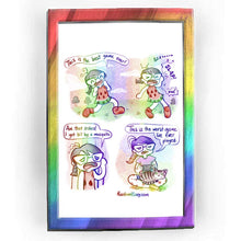 Load image into Gallery viewer, Rainbowofcrazy web comic: Best Game. / Jo's character in Animal Crossing, wearing a watermelon dress and red boots. She is frolicking with joy. Jo: "This is the best game ever!" / Jo slaps herself in the face. "SLAP!" A bug can be seen flying away with a "Bzzzz." Jo: "OW!" / Close-up of Jo rubbing at her face, frowning. Jo: "Aw, that itches! I got bit by a mosquito.." / Cut to IRL Jo sitting cross-legged on the ground, a smiling tabby cat is in her lap. Jo holds a Nintendo Switch. IRL Jo is also covered in 
