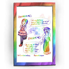 Load image into Gallery viewer,  Rainbowofcrazy web comic. [Younger Me:] Jo, with short hair, in a red frilly dress, black tights and red shoes: It&#39;s my birthday! Going to have a night out and celebrate! Ooh I need a cake! / [Present Me:] Jo, wearing a tank top and sweatpants and cheap plastic garden shoes, scratching her ass: Oh, it&#39;s my birthday? Hm, going to read monster smut and marathon Bob&#39;s Burgers. Ooh I need a cake! / ko-fi.com/rainbowofcrazy / Rainbowofcrazy.com 
