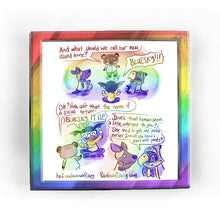 Load image into Gallery viewer, Rainbowofcrazy web comic. / Tom Nook: &quot;And what should we call our new island home?&quot; Tom, a racoon, stands, facing Sylvia, a kangaroo, Jo, a human, and Sterling, an eagle, all sitting on the ground. Jo: &quot;BLUESKY!!!&quot; / Tom: &quot;Oh? Huh, isn&#39;t that the name of a social networ-&quot; Jo, eyes closed, smiling real big: &quot;BLUESKY, IT IS!!&quot; / Sylvia, hand hiding her mouth, talking to Sterling: &quot;Does that human seem a little unhinged to you?&quot; Sterling: She tried to give me pants earlier. Doesn&#39;t she know I don&#39;t wear pants
