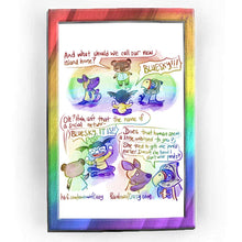 Load image into Gallery viewer, Rainbowofcrazy web comic. / Tom Nook: &quot;And what should we call our new island home?&quot; Tom, a racoon, stands, facing Sylvia, a kangaroo, Jo, a human, and Sterling, an eagle, all sitting on the ground. Jo: &quot;BLUESKY!!!&quot; / Tom: &quot;Oh? Huh, isn&#39;t that the name of a social networ-&quot; Jo, eyes closed, smiling real big: &quot;BLUESKY, IT IS!!&quot; / Sylvia, hand hiding her mouth, talking to Sterling: &quot;Does that human seem a little unhinged to you?&quot; Sterling: She tried to give me pants earlier. Doesn&#39;t she know I don&#39;t wear pants
