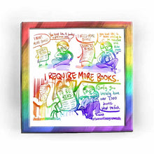 Load image into Gallery viewer, web comic. a list labelled &quot;CURRENT READS:&quot; has legs, w/hands on waist: &quot;I WANT MORE BOOKS!&quot; Jo: &quot;You have like 9 books right now, chill&quot;. / A longer list labelled &quot;BOOKS TO REVIEW:&quot;: &quot;I NEED MORE BOOKS!&quot; Jo: &quot;You have like, 16 books waiting to be reviewed still. Relax please.&quot; / A really long list, w/devil horns, labelled &quot;TO BE READ:&quot;, says: &quot;I REQUIRE MORE BOOKS.&quot; Jo, looking unimpressed: &quot;Omfg. You literally have over 1,000 books. What the fuck.&quot; / ko-fi.com/rainbowofcrazy / @Rainbowofcrazy.com
