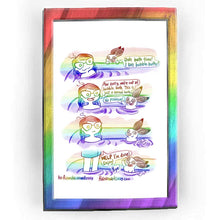 Load image into Gallery viewer, Rainbowofcrazy web comic: Bubble Baths. Jo is having a bath. A brown &amp; white English spot rabbit peers over the tub. Rabbit: "Ooh bath time! I love bubble baths!" / Jo: "Aw sorry, we're out of bubble bath. This is just a normal bath." The rabbit is now in the water with Jo. Rabbit: "No problem!" / Little bubbles appear behind the rabbit, who is smiling, looking just like a happy fuckin bunny. Jo is no longer smiling, because this rabbit is frickin farting in the tub. / Jo has stood up, now wearing a tow
