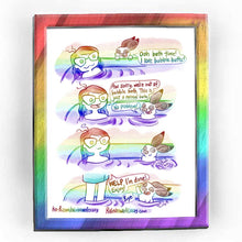 Load image into Gallery viewer, Rainbowofcrazy web comic: Bubble Baths. Jo is having a bath. A brown &amp; white English spot rabbit peers over the tub. Rabbit: "Ooh bath time! I love bubble baths!" / Jo: "Aw sorry, we're out of bubble bath. This is just a normal bath." The rabbit is now in the water with Jo. Rabbit: "No problem!" / Little bubbles appear behind the rabbit, who is smiling, looking just like a happy fuckin bunny. Jo is no longer smiling, because this rabbit is frickin farting in the tub. / Jo has stood up, now wearing a tow
