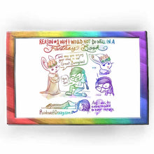 Load image into Gallery viewer, art print of a web comic. &quot;Reason #1 why I would not do well in a fantasy book​&quot; / Rabbit standing upright, with a carrot crown on her head, full outfit with cloak: &quot;.. and may you enjoy your stay in our Great Bunnyland.&quot; Joanna, on one knee in front of the royal rabbit, eyes closed, smiling. &quot;YOU TOO.. &quot; / Close-up of the rabbit, looking a little unsure: &quot;...&quot; / Close-up of Joanna&#39;s panicked, awkward face: &quot;...&quot; / Joanna flat on the floor, on her stomach, face into the ground, blushing. &quot;And I was too emba

