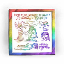 Load image into Gallery viewer, art print of a web comic. &quot;Reason #1 why I would not do well in a fantasy book​&quot; / Rabbit standing upright, with a carrot crown on her head, full outfit with cloak: &quot;.. and may you enjoy your stay in our Great Bunnyland.&quot; Joanna, on one knee in front of the royal rabbit, eyes closed, smiling. &quot;YOU TOO.. &quot; / Close-up of the rabbit, looking a little unsure: &quot;...&quot; / Close-up of Joanna&#39;s panicked, awkward face: &quot;...&quot; / Joanna flat on the floor, on her stomach, face into the ground, blushing. &quot;And I was too emba
